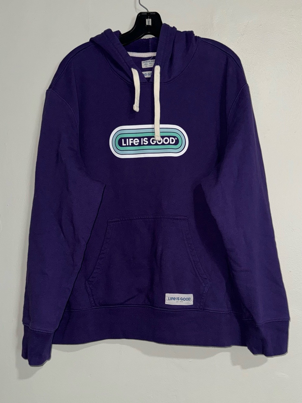 Life Is Good Purple Hoodie with White Drawstrings